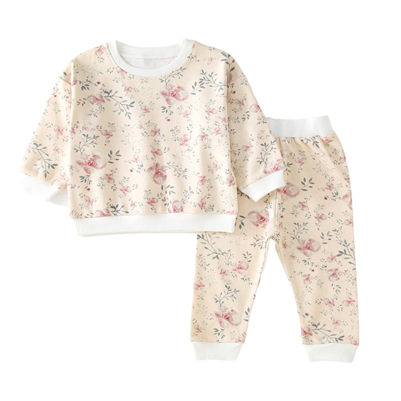 2 Pieces Set Baby Kid Unisex Flower Butterfly Plant Print Tops And Pants Wholesale 194012010