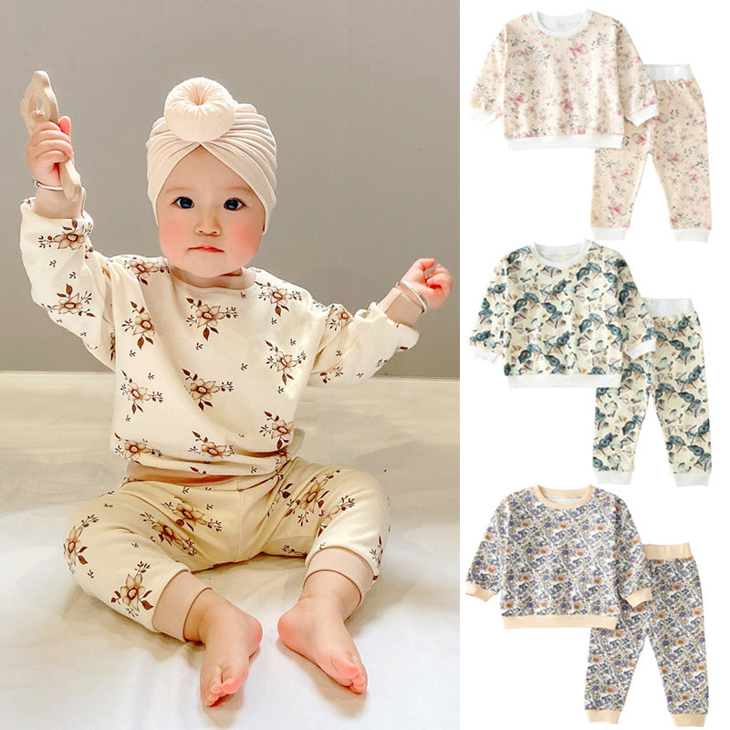 2 Pieces Set Baby Kid Unisex Flower Butterfly Plant Print Tops And Pants Wholesale 194012010