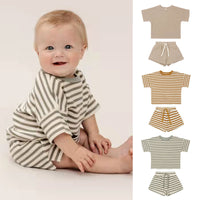 Load image into Gallery viewer, 2 Pieces Set Baby Unisex Solid Color Striped T-Shirts And Shorts Wholesale 220518266
