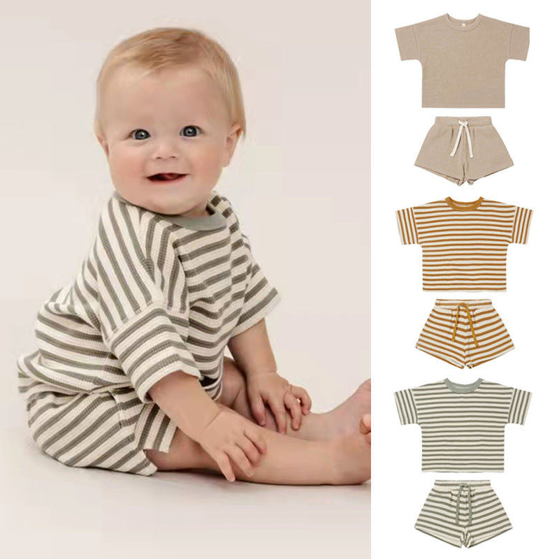 2 Pieces Set Baby Unisex Solid Color Striped T-Shirts And Shorts Wholesale 220518266