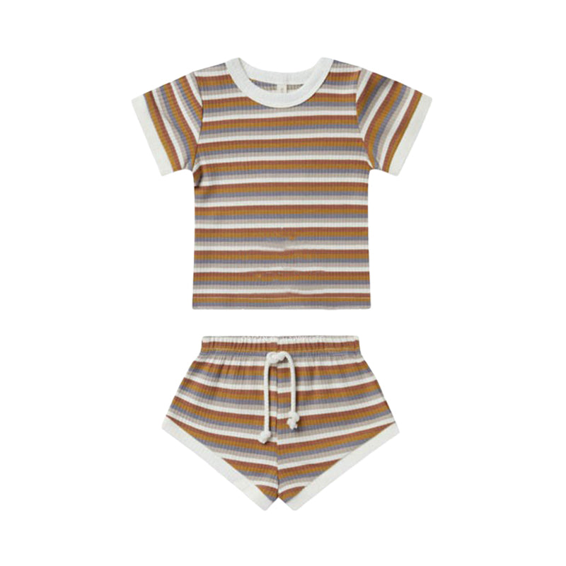 2 Pieces Set Baby Kid Unisex Striped Muslin&Ribbed T-Shirts And Shorts Wholesale 220518279