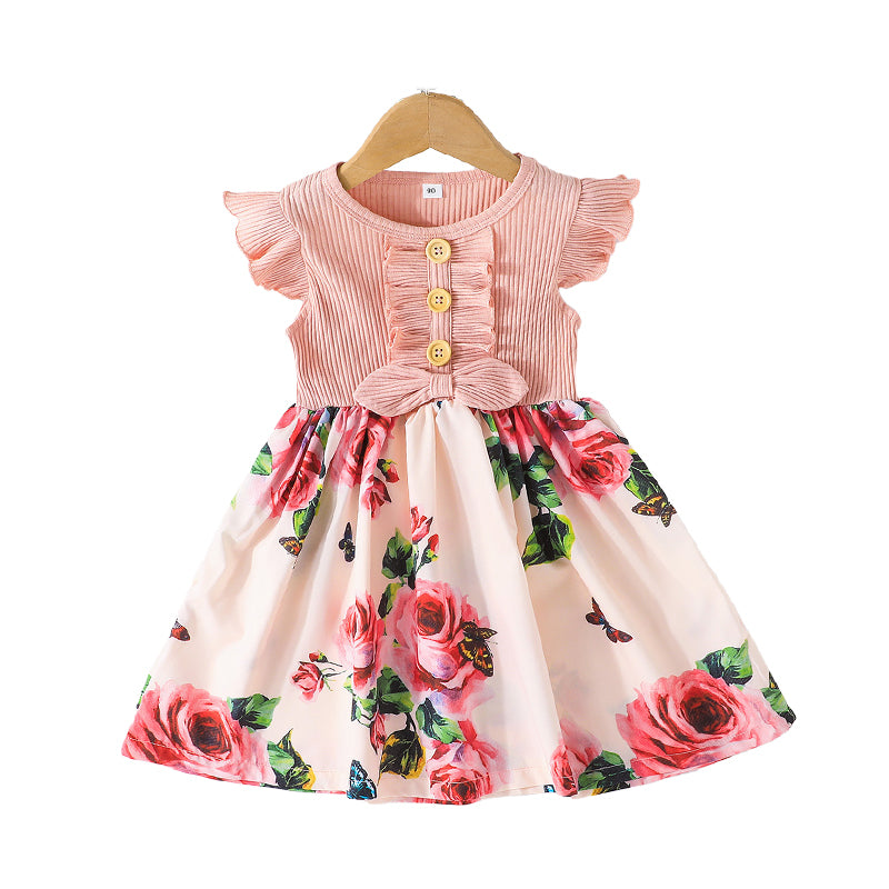 Baby Kid Girls Flower Muslin&Ribbed Print Dresses Wholesale 22051833