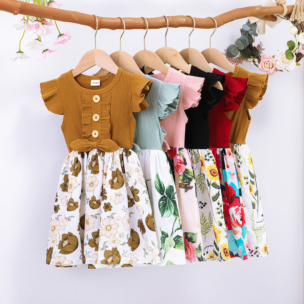 Baby Kid Girls Flower Muslin&Ribbed Print Dresses Wholesale 22051833