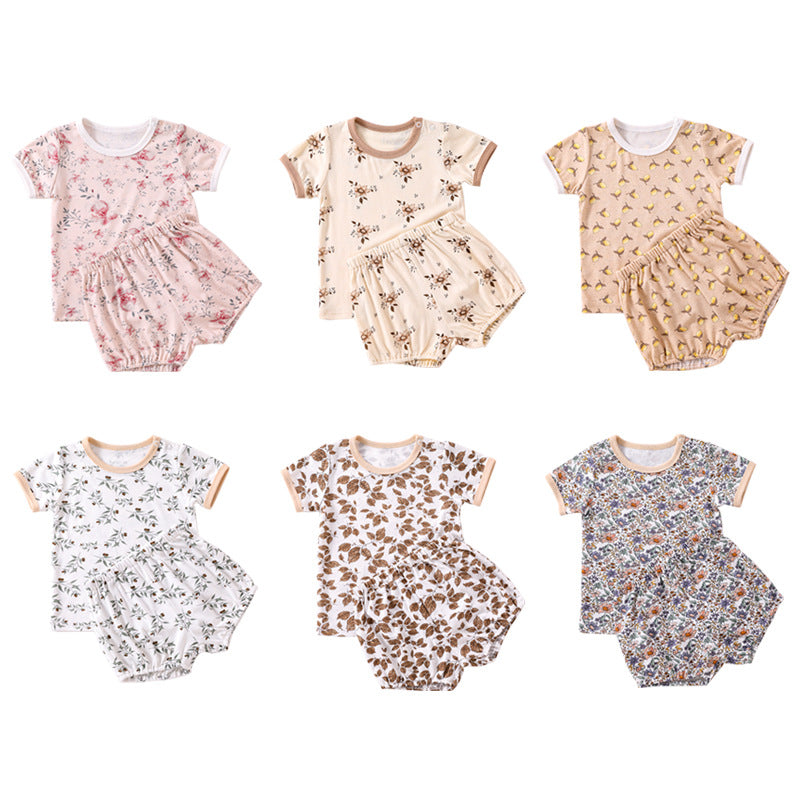 2 Pieces Set Baby Kid Unisex Flower Fruit Print T-Shirts And Shorts Wholesale 220518346