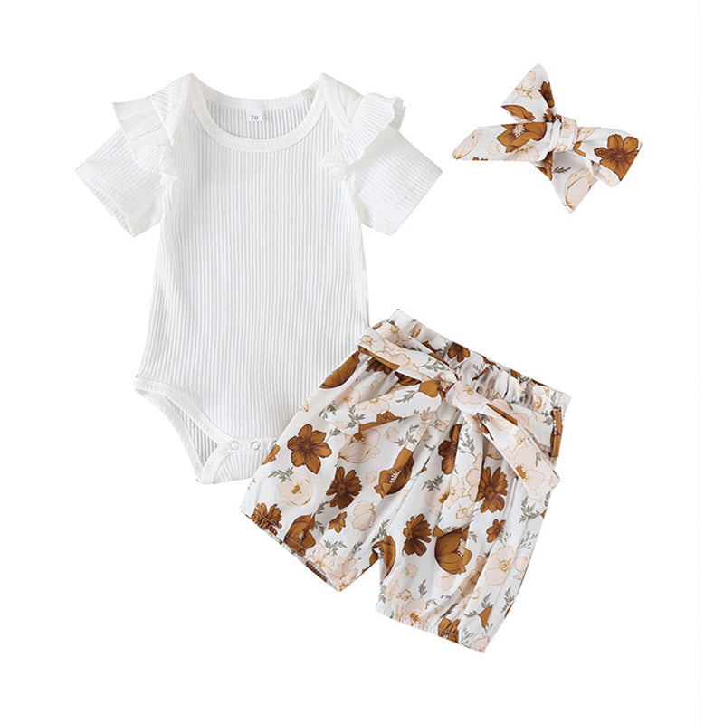 2 Pieces Set Baby Girls Flower Bow Print Shorts And Solid Color Muslin&Ribbed Rompers Headwear Wholesale 22051837