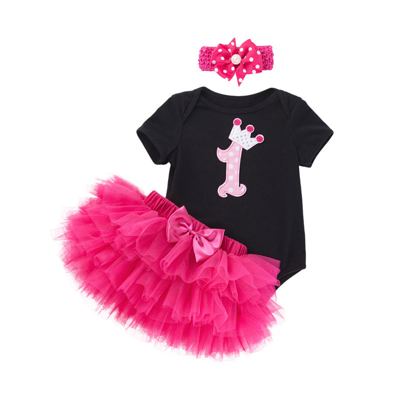 3 Pieces Set Baby Girls Birthday Letters Love heart Cartoon Bow Alphabet Rompers Solid Color Skirts And Headwear Wholesale 22052405