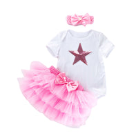 Load image into Gallery viewer, 3 Pieces Set Baby Girls Birthday Letters Love heart Cartoon Star Bow Alphabet Rompers Skirts And Headwear Wholesale 22052406
