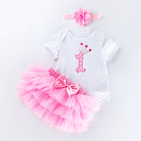 Load image into Gallery viewer, 3 Pieces Set Baby Girls Birthday Letters Love heart Cartoon Star Bow Alphabet Rompers Skirts And Headwear Wholesale 22052406
