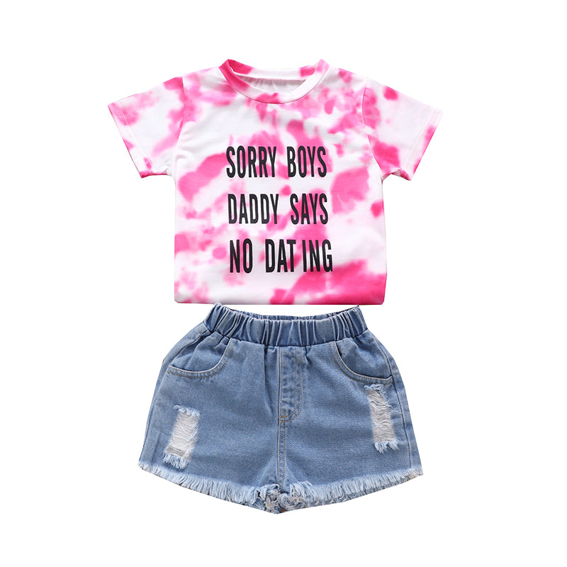 2 Pieces Set Kid Girls Letters Tie Dye Print T-Shirts And Solid Color Ripped Shorts Wholesale 220524105