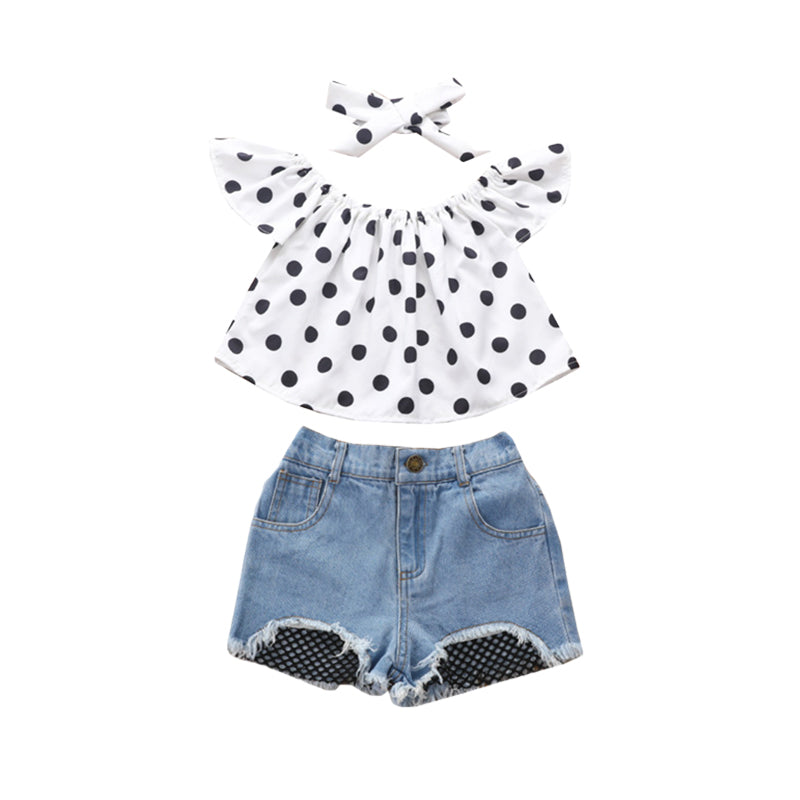 3 Pieces Set Kid Girls Polka dots Print Tops Headwear And Solid Color Shorts Wholesale 220524106