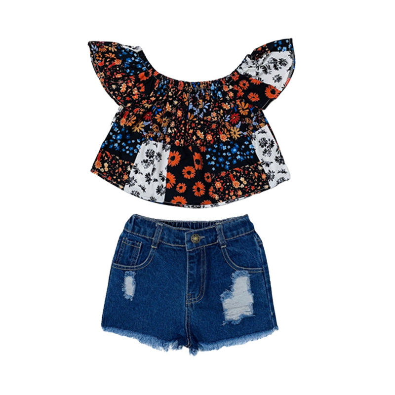 2 Pieces Set Kid Girls Color-blocking Flower Print Tops And Solid Color Ripped Shorts Wholesale 220524107