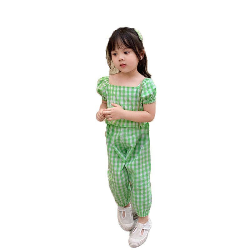 2 Pieces Set Kid Girls Flower Checked Print Tops And Pants Wholesale 220524109