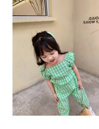 Load image into Gallery viewer, 2 Pieces Set Kid Girls Flower Checked Print Tops And Pants Wholesale 220524109
