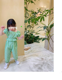 Load image into Gallery viewer, 2 Pieces Set Kid Girls Flower Checked Print Tops And Pants Wholesale 220524109
