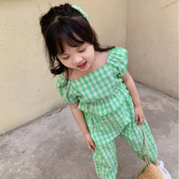 Load image into Gallery viewer, 2 Pieces Set Kid Girls Flower Checked Print Tops And Pants Wholesale 220524109
