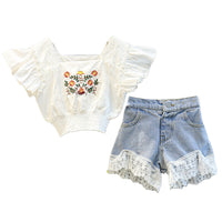 Load image into Gallery viewer, 2 Pieces Set Kid Girls Flower Embroidered Tops And Lace Shorts Wholesale 220524119

