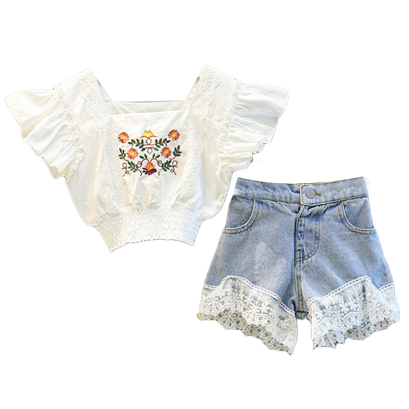 2 Pieces Set Kid Girls Flower Embroidered Tops And Lace Shorts Wholesale 220524119