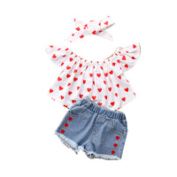 Load image into Gallery viewer, 3 Pieces Set Kid Girls Bow Headwear Love heart Blouses And Solid Color Shorts Wholesale 220524142
