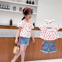 Load image into Gallery viewer, 3 Pieces Set Kid Girls Bow Headwear Love heart Blouses And Solid Color Shorts Wholesale 220524142
