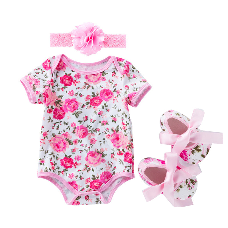 3 Pieces Set Baby Girls Flower Leopard Star Zebra Print Rompers And Bow Shoes And Headwear Wholesale 22052417