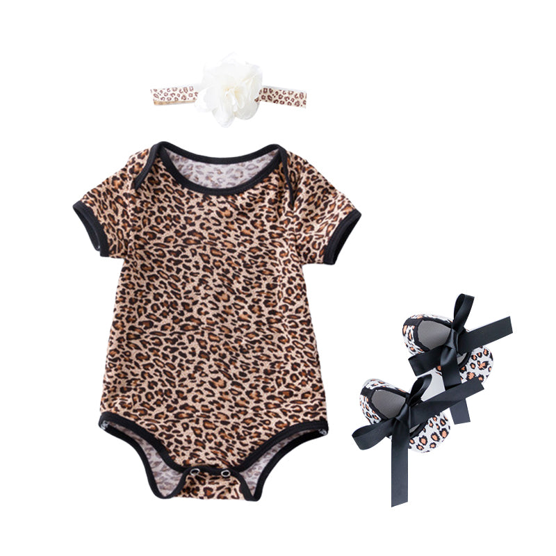 3 Pieces Set Baby Girls Flower Leopard Star Zebra Print Rompers And Bow Shoes And Headwear Wholesale 22052417