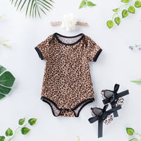 Load image into Gallery viewer, 3 Pieces Set Baby Girls Flower Leopard Star Zebra Print Rompers And Bow Shoes And Headwear Wholesale 22052417
