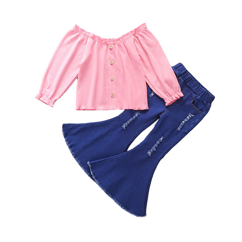 2 Pieces Set Kid Girls Solid Color Tops And Ripped Pants Jeans Wholesale 220524176