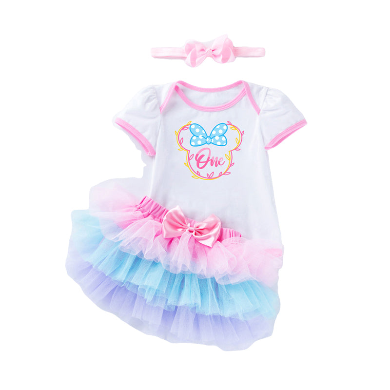 3 Pieces Set Baby Girls Dressy Bow Headwear Print T-Shirts And Color-blocking Skirts Wholesale 220524185