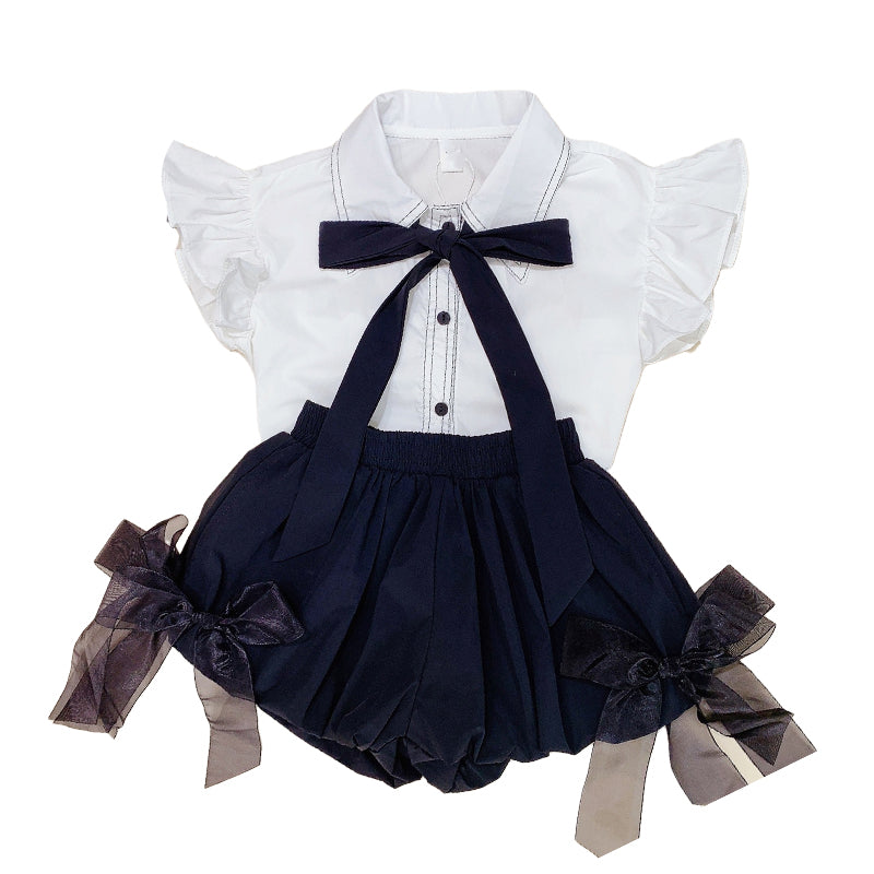 2 Pieces Set Baby Kid Girls Bow Tops And Solid Color Shorts Wholesale 220524186