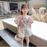 Load image into Gallery viewer, 2 Pieces Set Baby Kid Girls Flower Print Tops And Solid Color Shorts Wholesale 220524198
