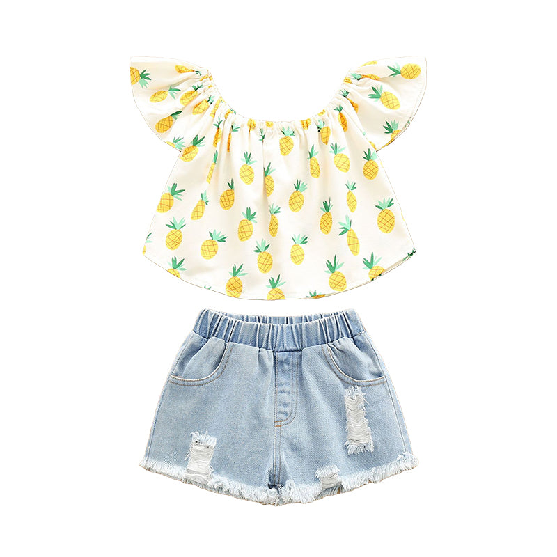 2 Pieces Set Kid Girls Fruit Print Tops And Solid Color Ripped Shorts Wholesale 220524208