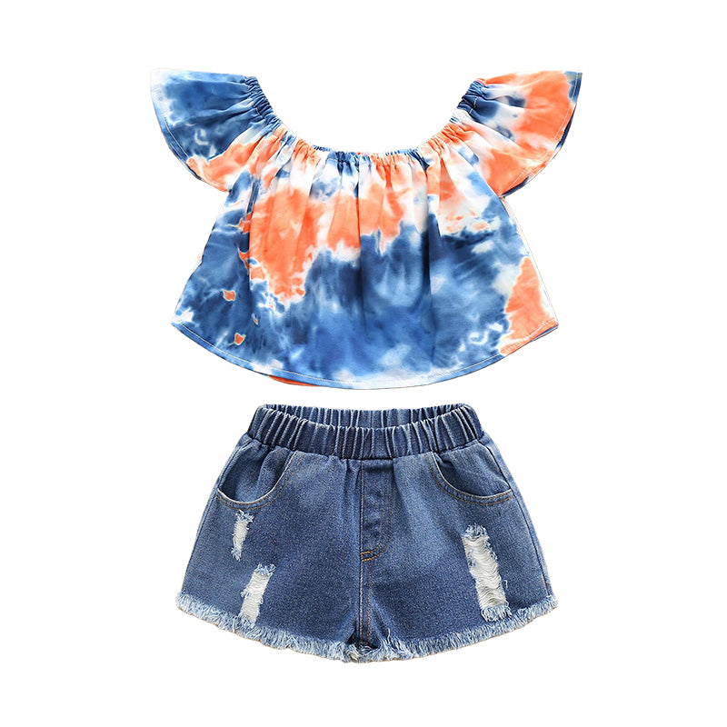 2 Pieces Set Baby Kid Girls Tie Dye Print Tops And Solid Color Ripped Shorts Wholesale 220524210