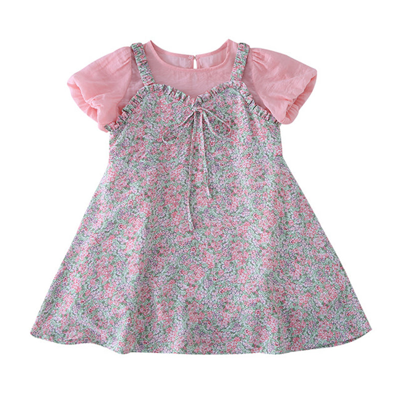 2 Pieces Set Kid Girls Flower Bow Print Dresses And Tops Wholesale 220524220