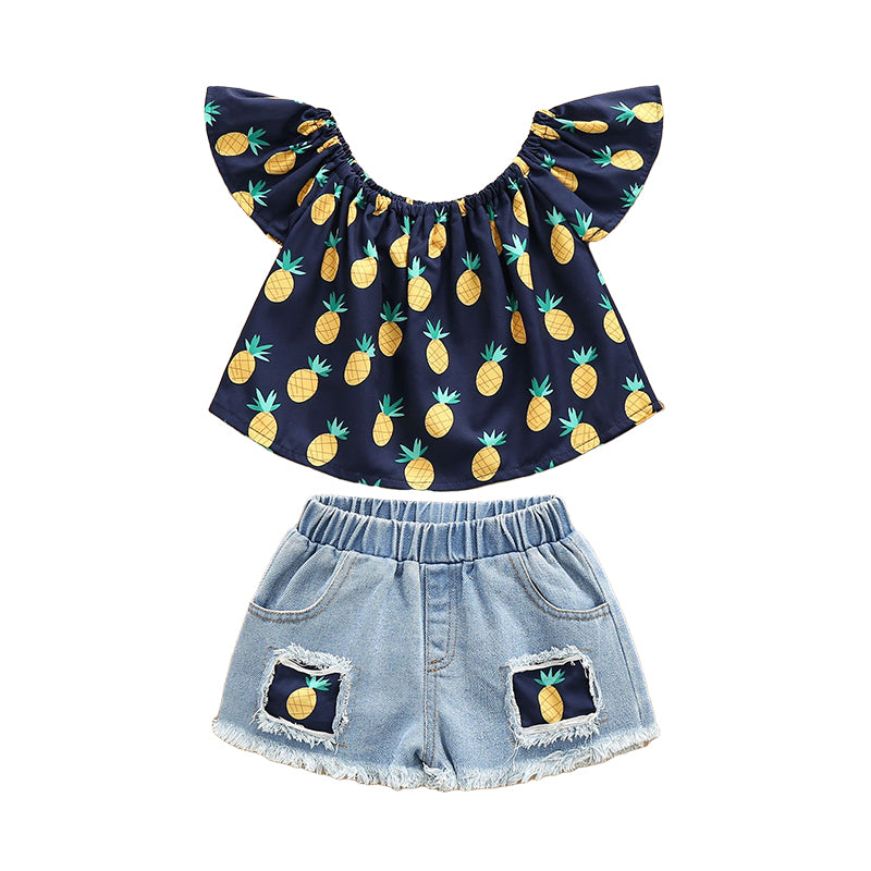 2 Pieces Set Kid Girls Fruit Print Tops And Ripped Shorts Wholesale 220524224