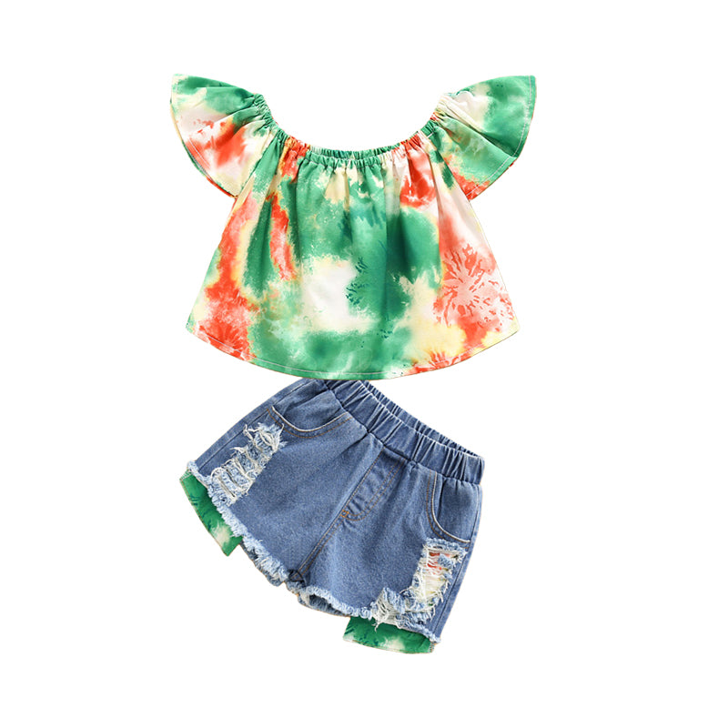 2 Pieces Set Kid Girls Tie Dye Print Tops And Ripped Shorts Wholesale 220524228