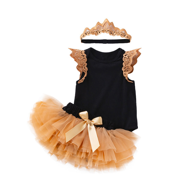 3 Pieces Set Baby Girls Rompers And Solid Color Bow Skirts And Headwear Wholesale 22052423