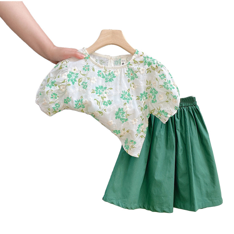 2 Pieces Set Baby Kid Girls Flower Print Tops And Solid Color Skirts Wholesale 220524249