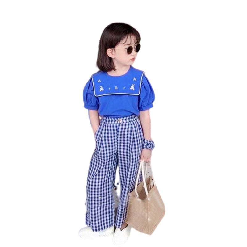 2 Pieces Set Baby Kid Girls Embroidered Tops And Checked Pants Wholesale 220524255