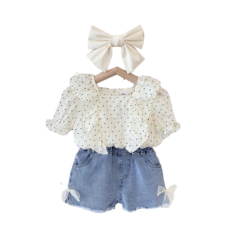 2 Pieces Set Kid Girls Polka dots Blouses And Solid Color Shorts Wholesale 220524273