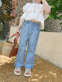 Load image into Gallery viewer, 2 Pieces Set Kid Girls Solid Color Tops And Ripped Pants Jeans Wholesale 220524282
