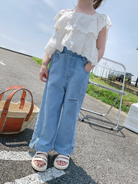 Load image into Gallery viewer, 2 Pieces Set Kid Girls Solid Color Tops And Ripped Pants Jeans Wholesale 220524282
