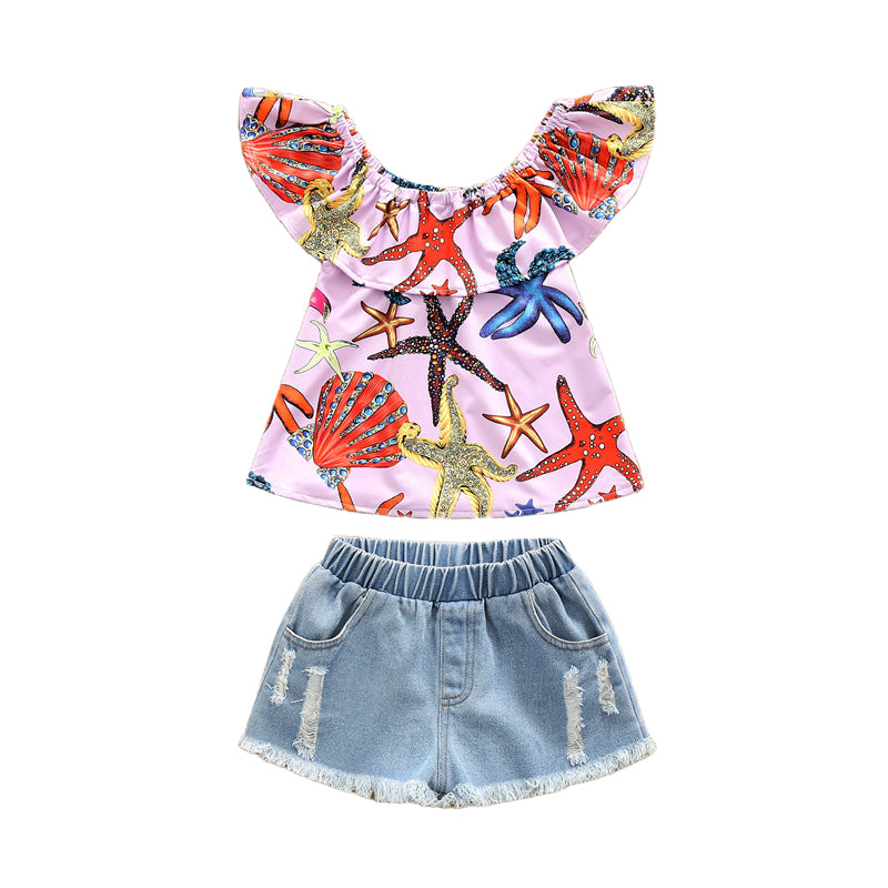 2 Pieces Set Kid Girls Print Tops And Solid Color Ripped Shorts Wholesale 220524285