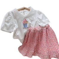 Load image into Gallery viewer, 2 Pieces Set Kid Girls Letters Bow Print Tops And Flower Skirts Wholesale 220524289
