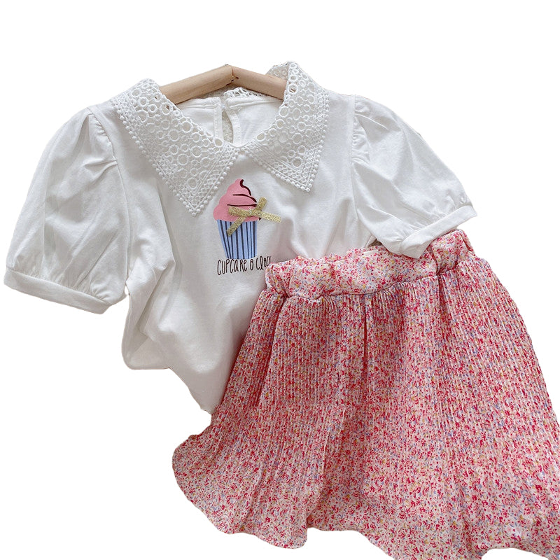 2 Pieces Set Kid Girls Letters Bow Print Tops And Flower Skirts Wholesale 220524289
