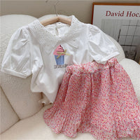 Load image into Gallery viewer, 2 Pieces Set Kid Girls Letters Bow Print Tops And Flower Skirts Wholesale 220524289
