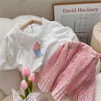 Load image into Gallery viewer, 2 Pieces Set Kid Girls Letters Bow Print Tops And Flower Skirts Wholesale 220524289

