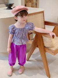 Load image into Gallery viewer, 2 Pieces Set Kid Girls Flower Print Tops And Solid Color Pants Wholesale 220524291
