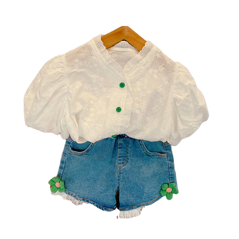 2 Pieces Set Kid Girls Flower Embroidered Tops And Shorts Wholesale 220524316