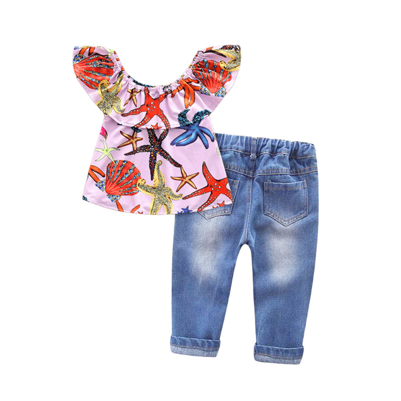 2 Pieces Set Baby Kid Girls Cartoon Print Tops And Ripped Jeans Wholesale 220524380