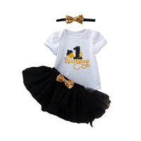 Load image into Gallery viewer, 3 Pieces Set Baby Girls Birthday Letters Print Rompers Solid Color Skirts And Bow Headwear Wholesale 22052439
